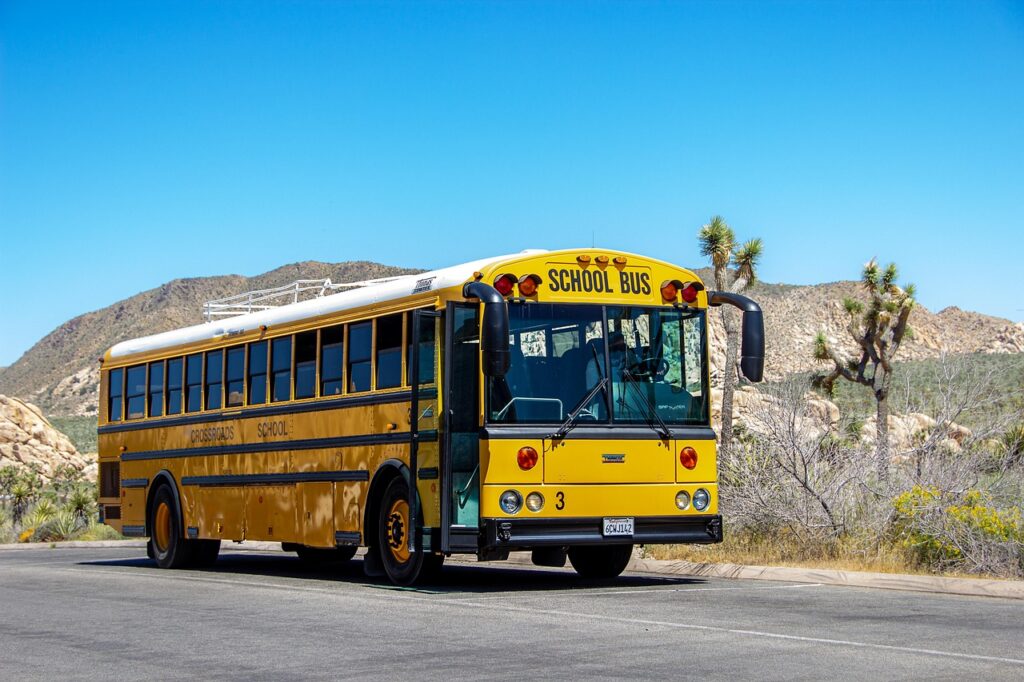 a yellow school bus in te middle of the road
