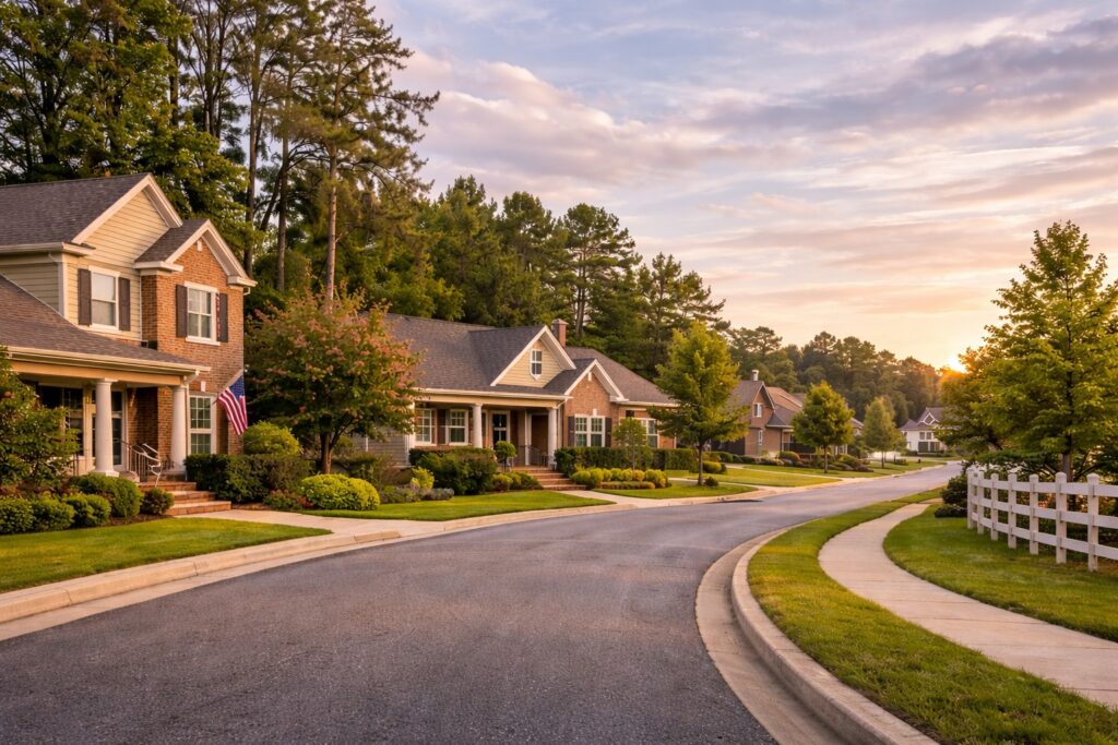 a peaceful, suburban residential neighborhood with well-maintained single-family homes