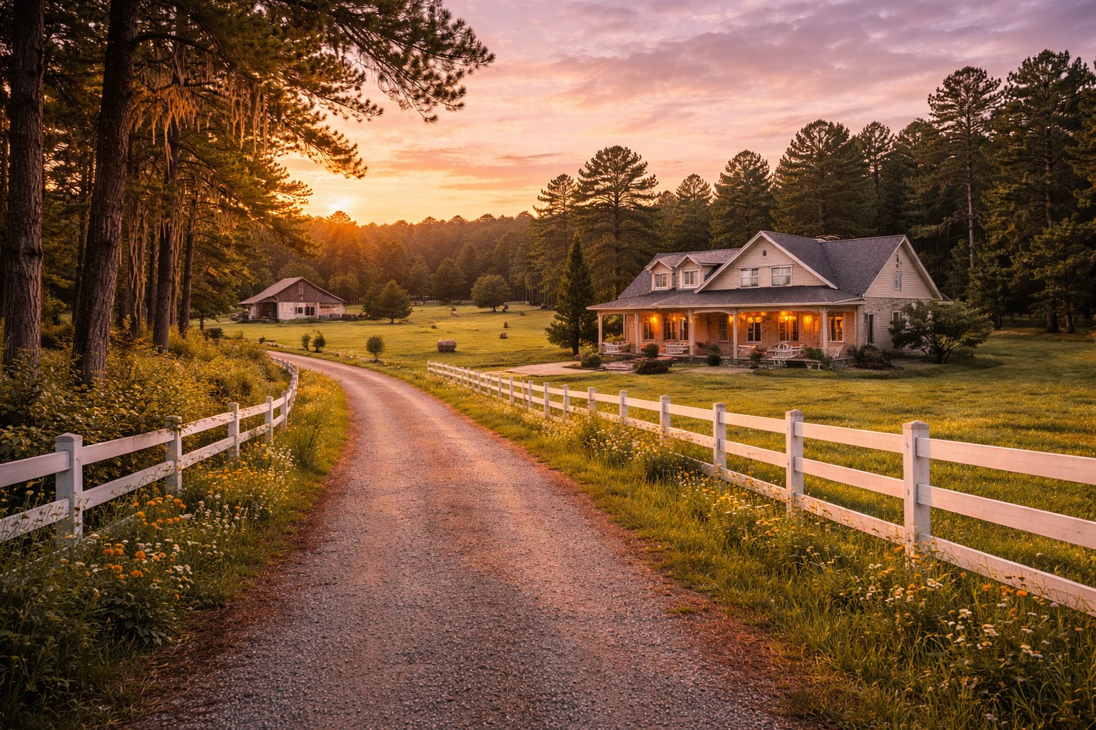 a serene rural scene featuring a farmhouse and barn during sunset