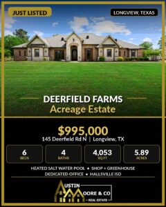 145 Deerfield Road North in Longview Texas located in Deerfield Farms with acreage pool shop greenhouse and Hallsville ISD
