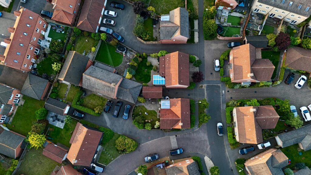 drone shot of houses in the suburbs