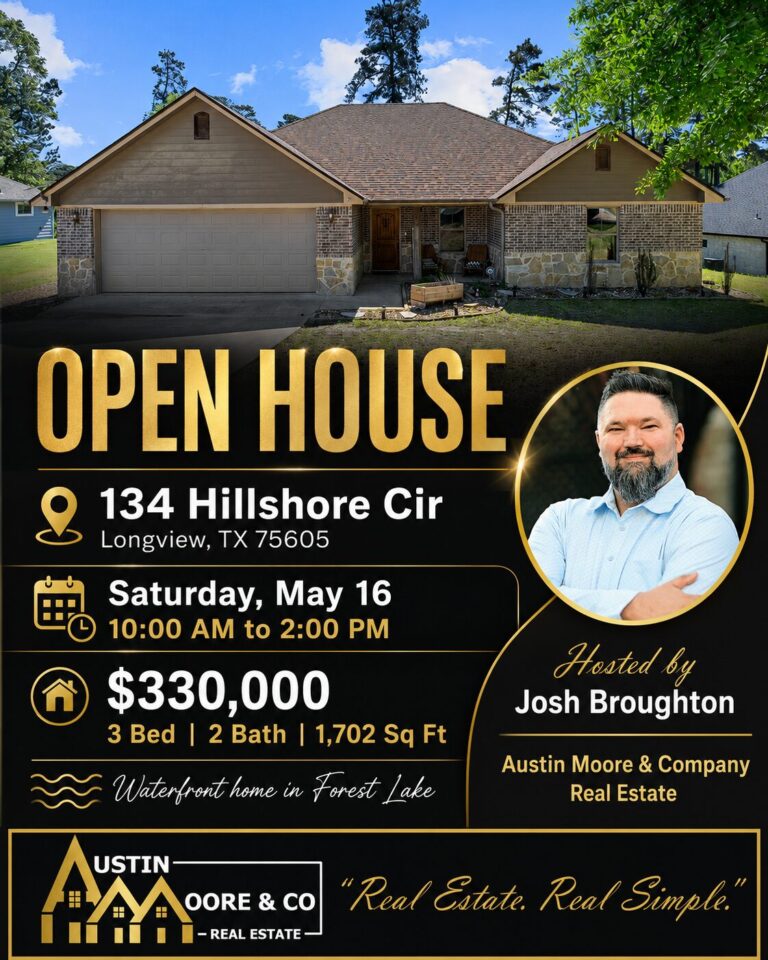 Austin Moore & Company Real Estate is hosting an open house at 134 Hillshore Cir in Longview, Texas. Come see this waterfront Forest Lake home Saturday, May 16 from 10:00 AM to 2:00 PM.